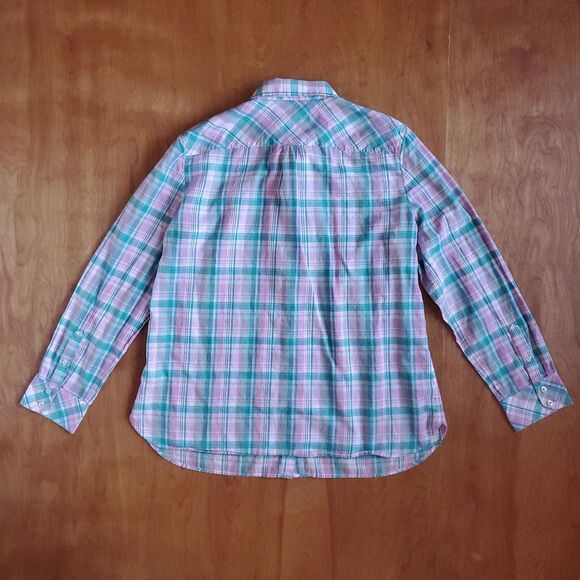Talbots Long Sleeve Button Up Shirt L Plaid Pink Teal Collar Cotton Lightweight - Picture 6 of 9